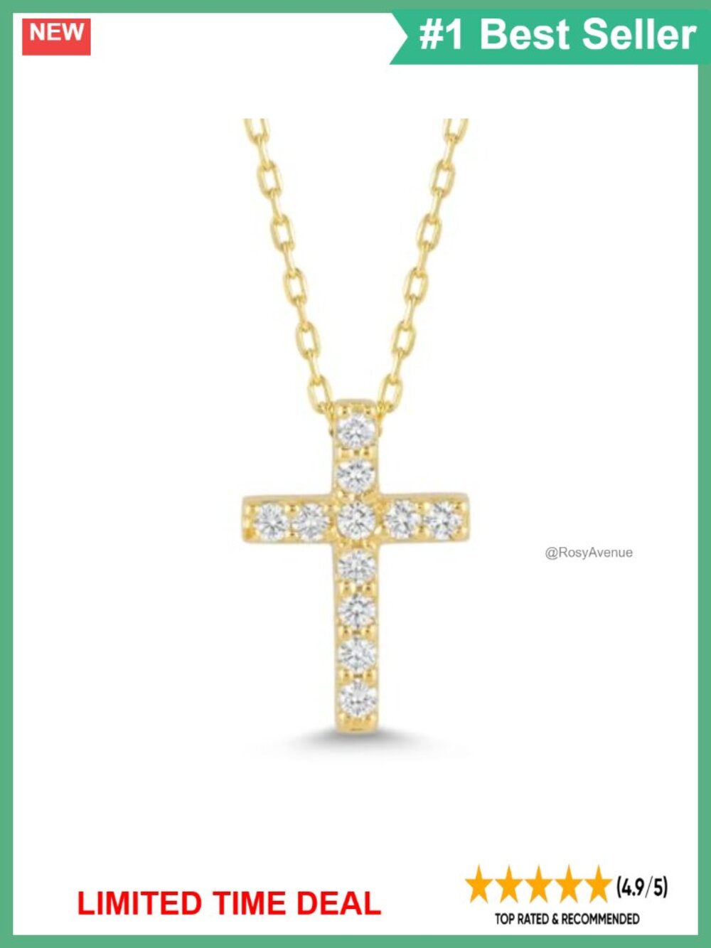 14K Solid Gold Pave Diamond Cross Necklace 18 Inch Chain